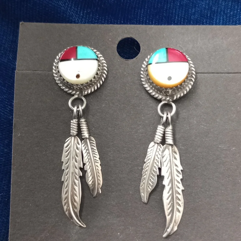 Sterling Silver Feather Earrings with SunFace Multicolor Inlay Studs Signed PH - Picture 5 of 15